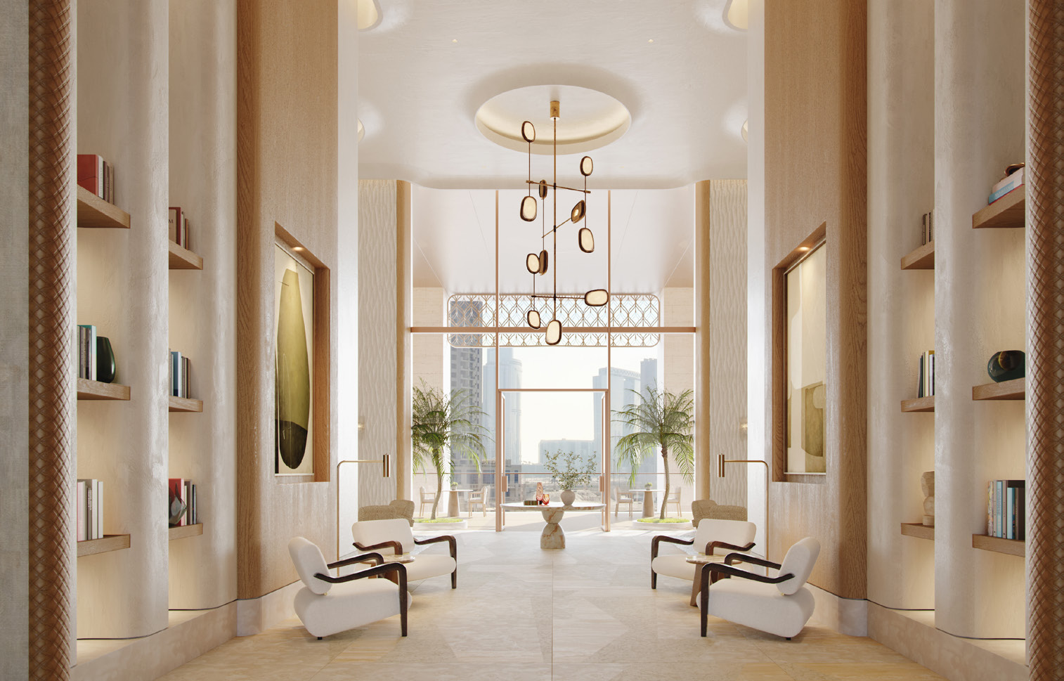 Bright entrance hall with bookshelves, armchairs and a pendant light