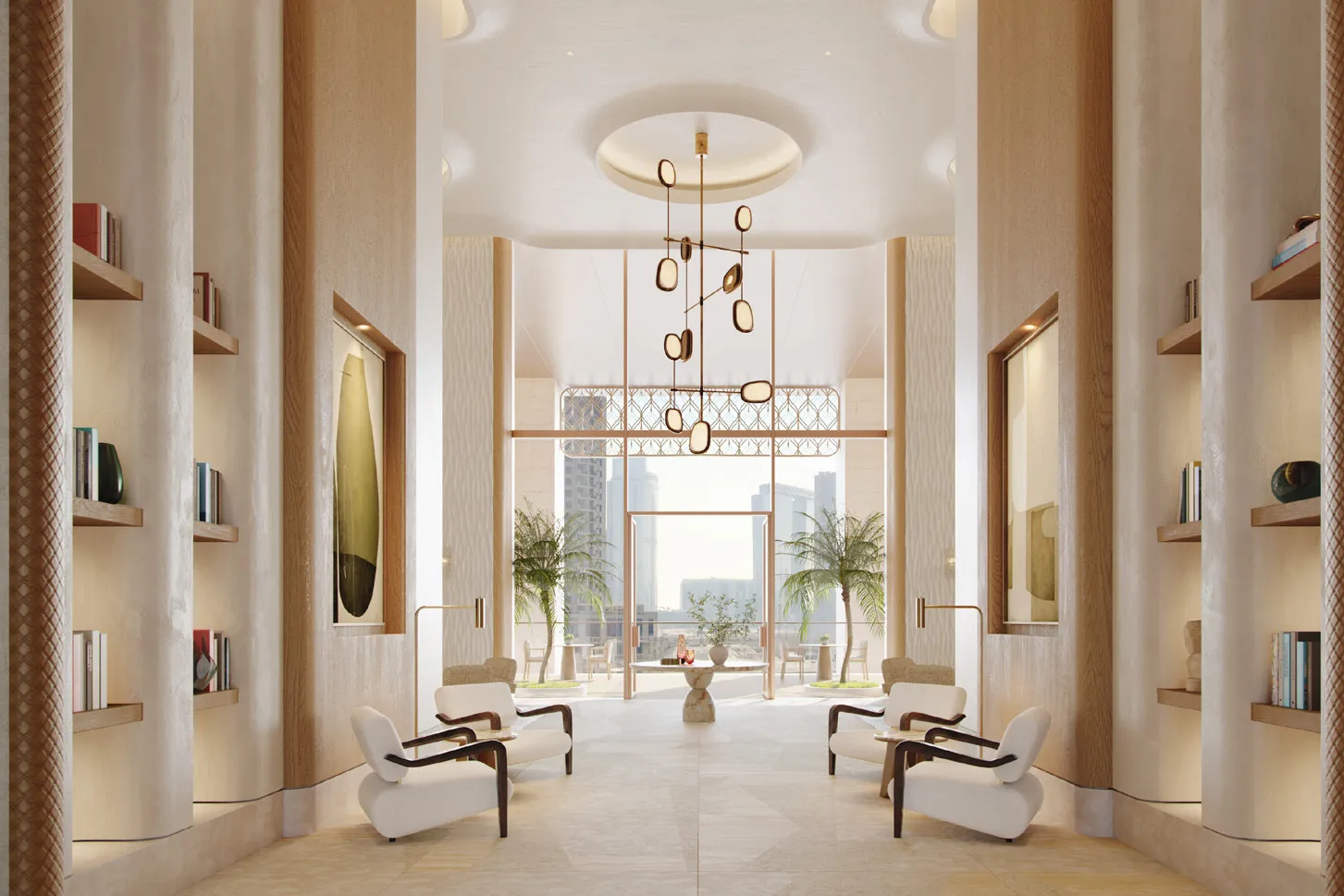Bright entrance hall with bookshelves, armchairs and a pendant light