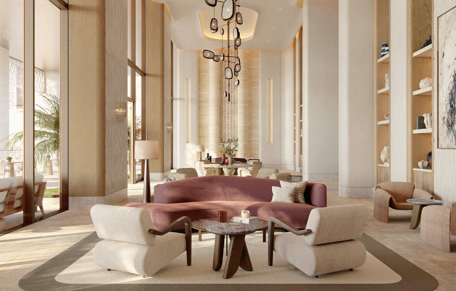 Residents' lounge with curved sofa, armchairs and tall windows