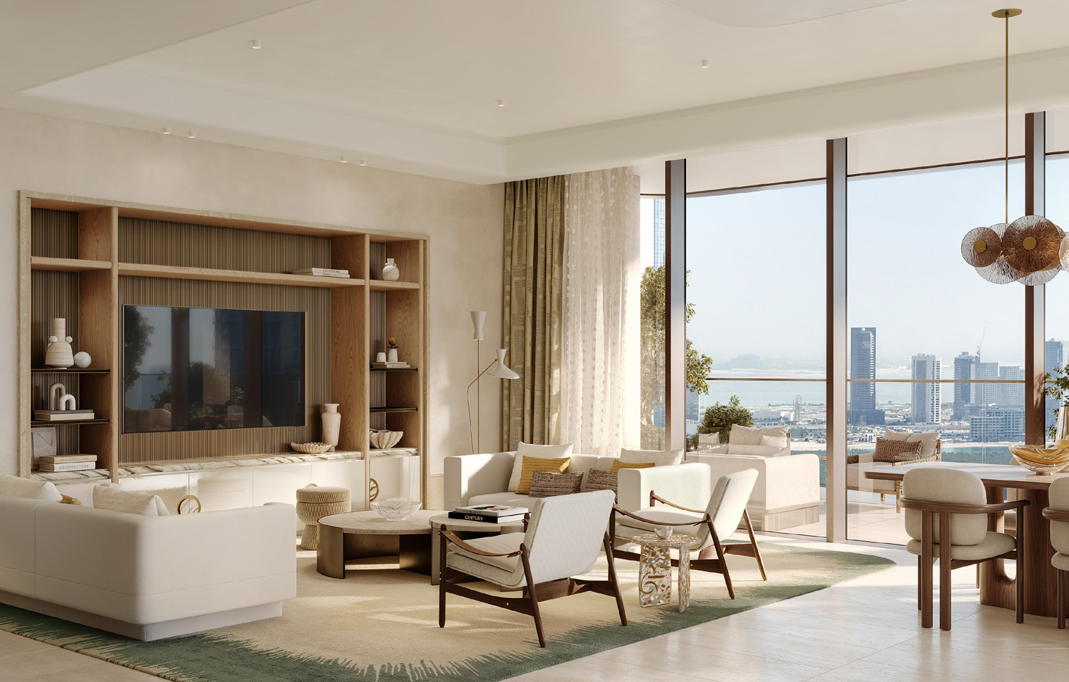 Living room with cream sofas and floor-to-ceiling windows over the city