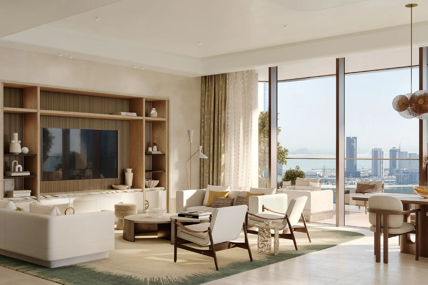 Living room with cream sofas and floor-to-ceiling windows over the city