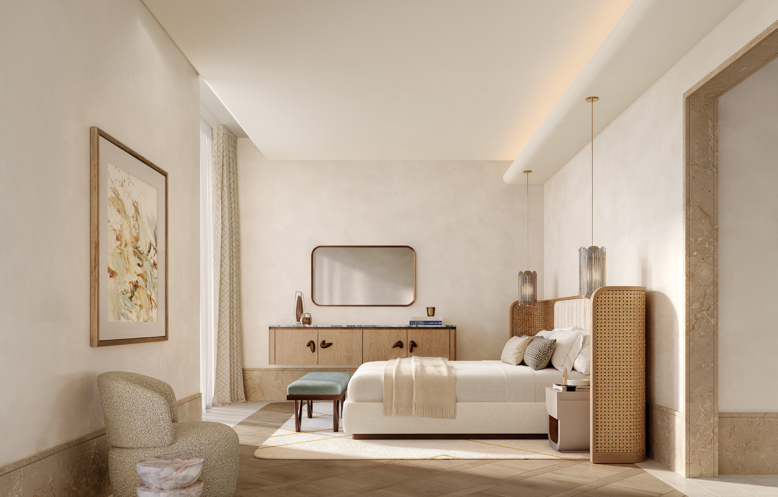 Master bedroom with cane headboard, pendant lights and herringbone floor