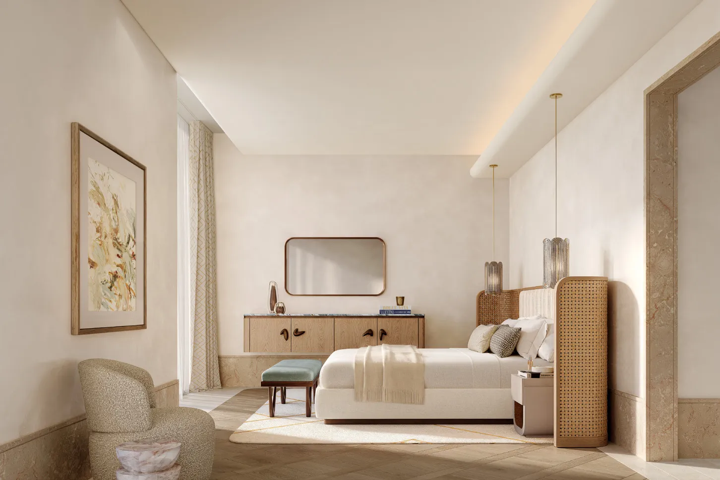 Master bedroom with cane headboard, pendant lights and herringbone floor