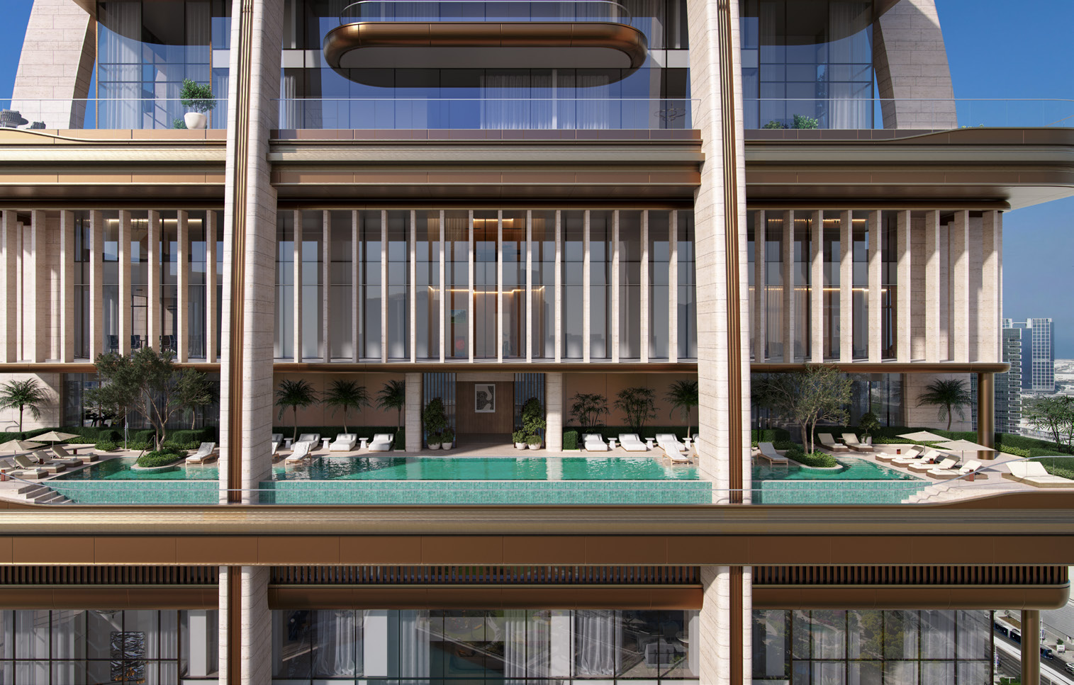 Elevated outdoor pool with loungers, palms and the tower's stone columns