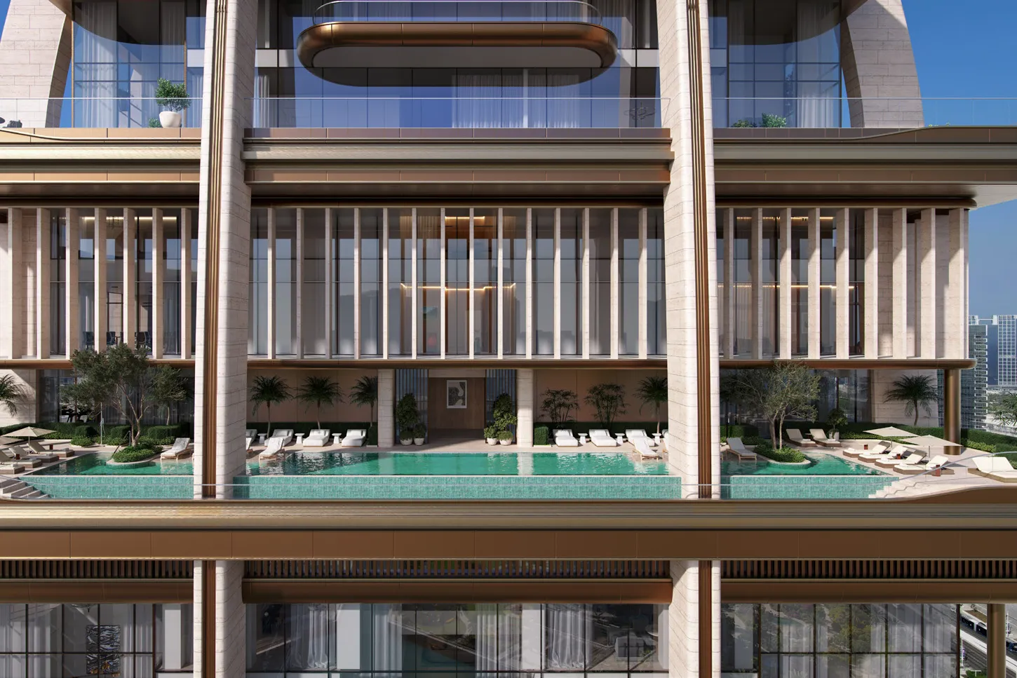 Elevated outdoor pool with loungers, palms and the tower's stone columns