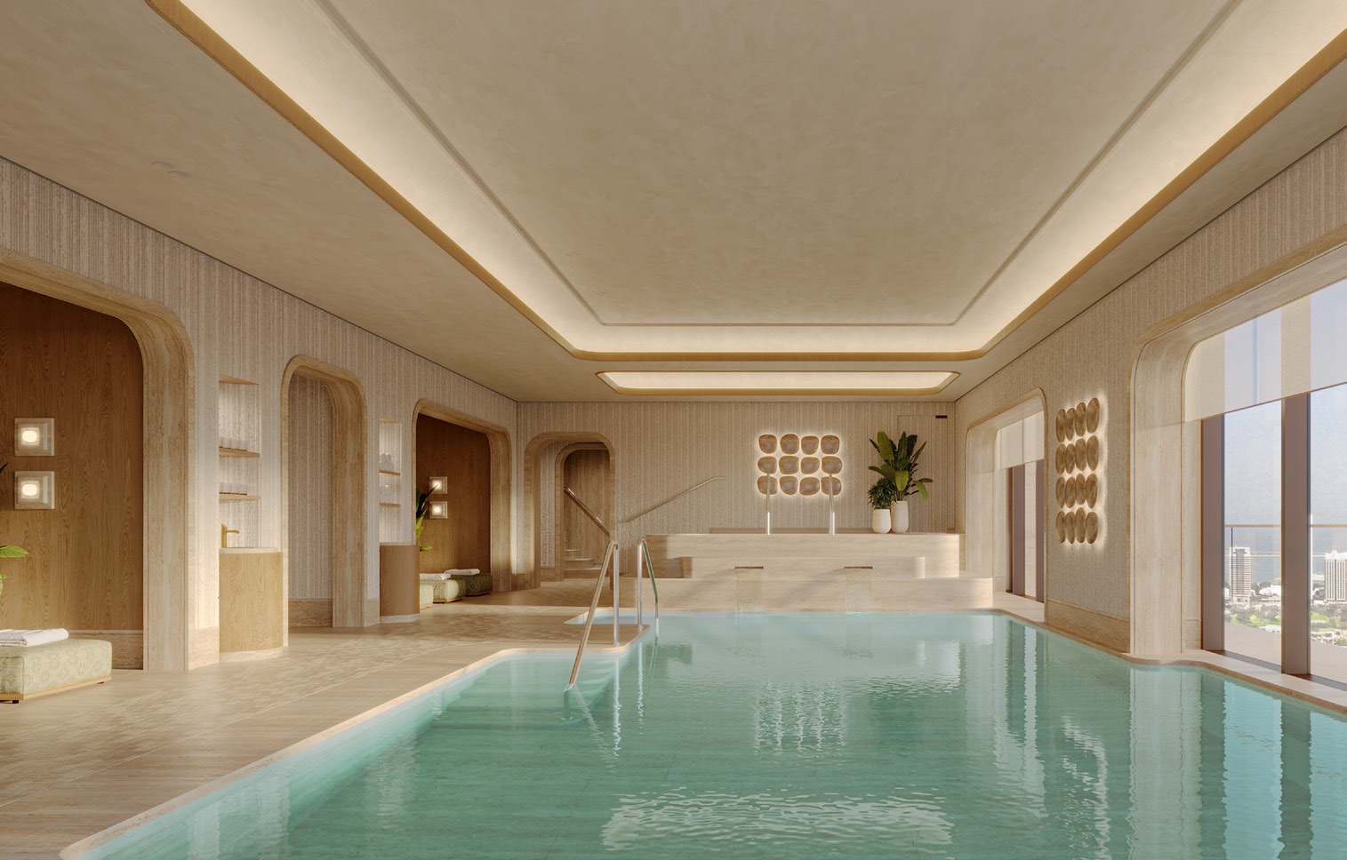 Indoor pool with arched alcoves, soft lighting and city view