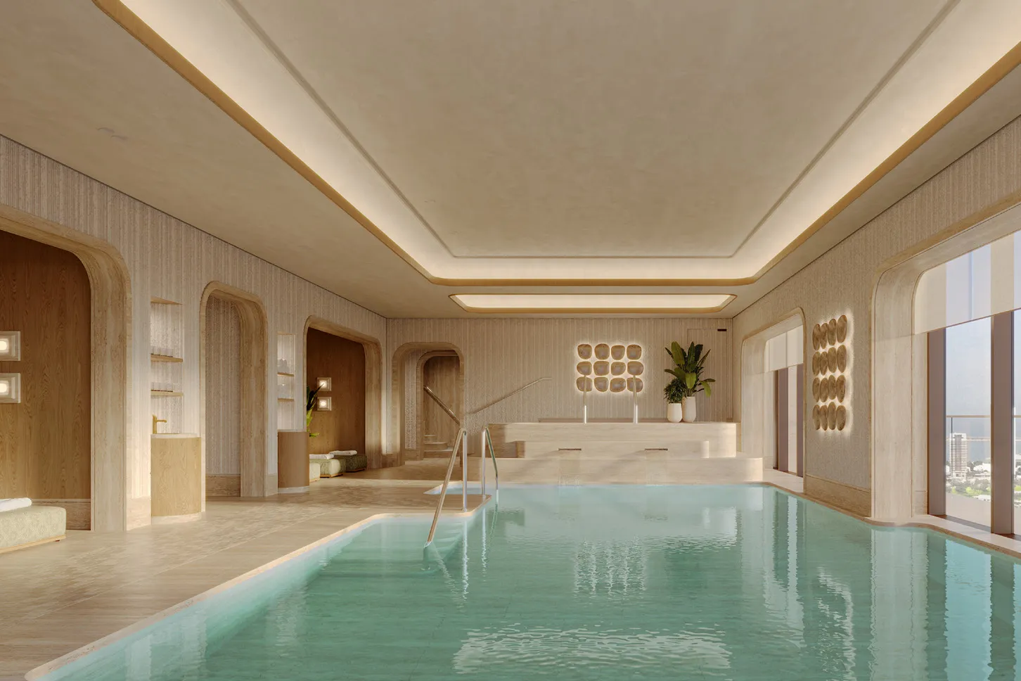 Indoor pool with arched alcoves, soft lighting and city view