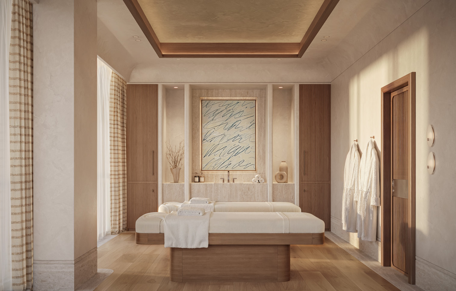 Spa treatment room with twin massage beds and wooden panelling