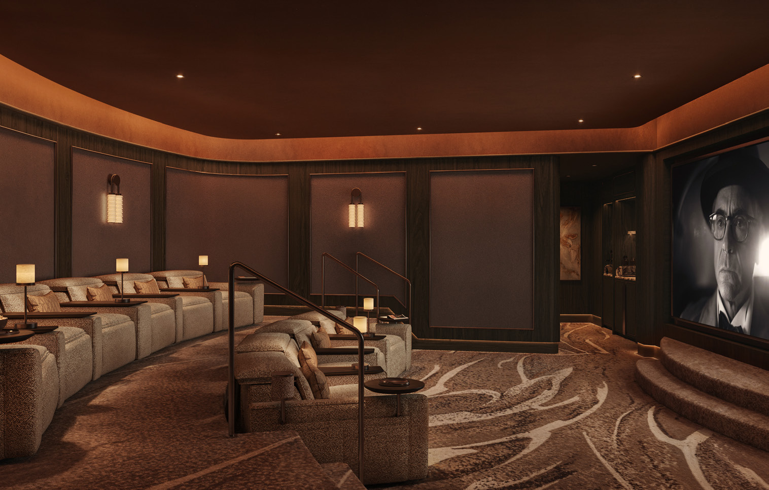 Private cinema with tiered armchairs, warm lamps and a large screen