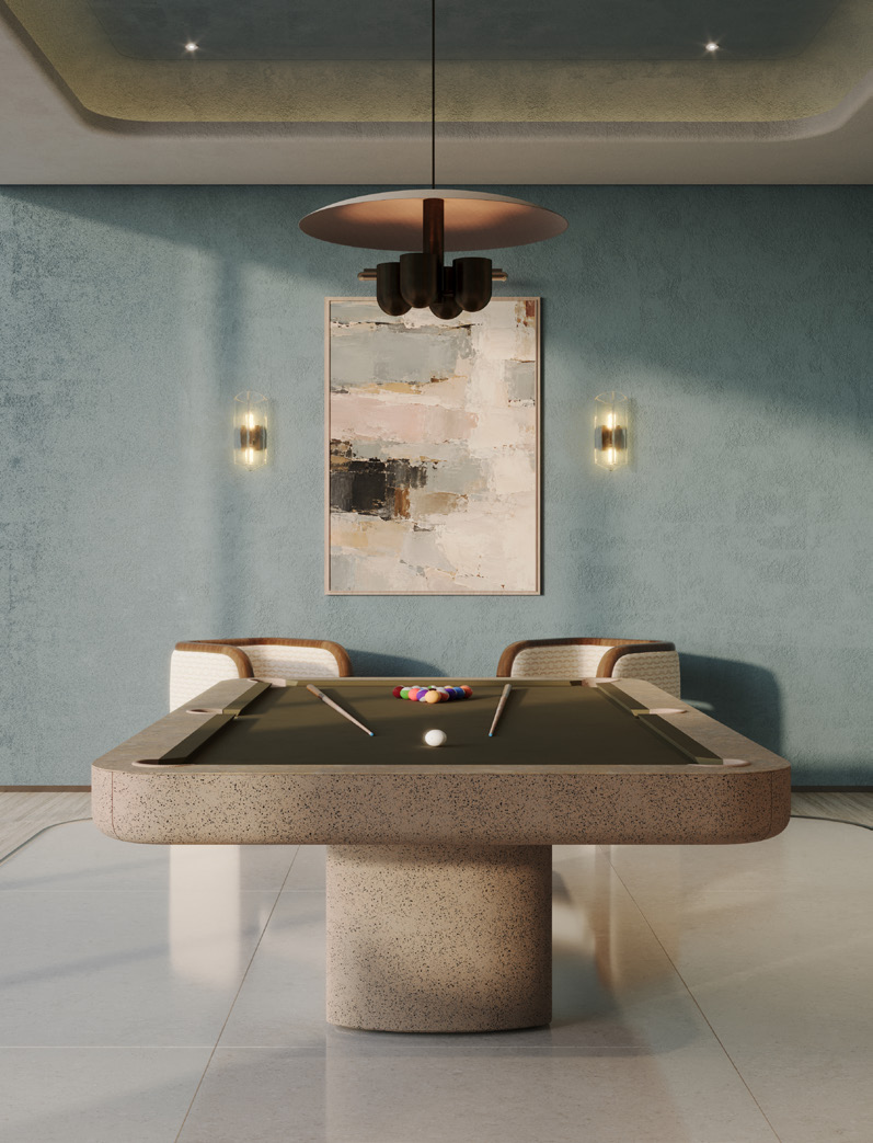 Games room with stone pool table under a bronze pendant light