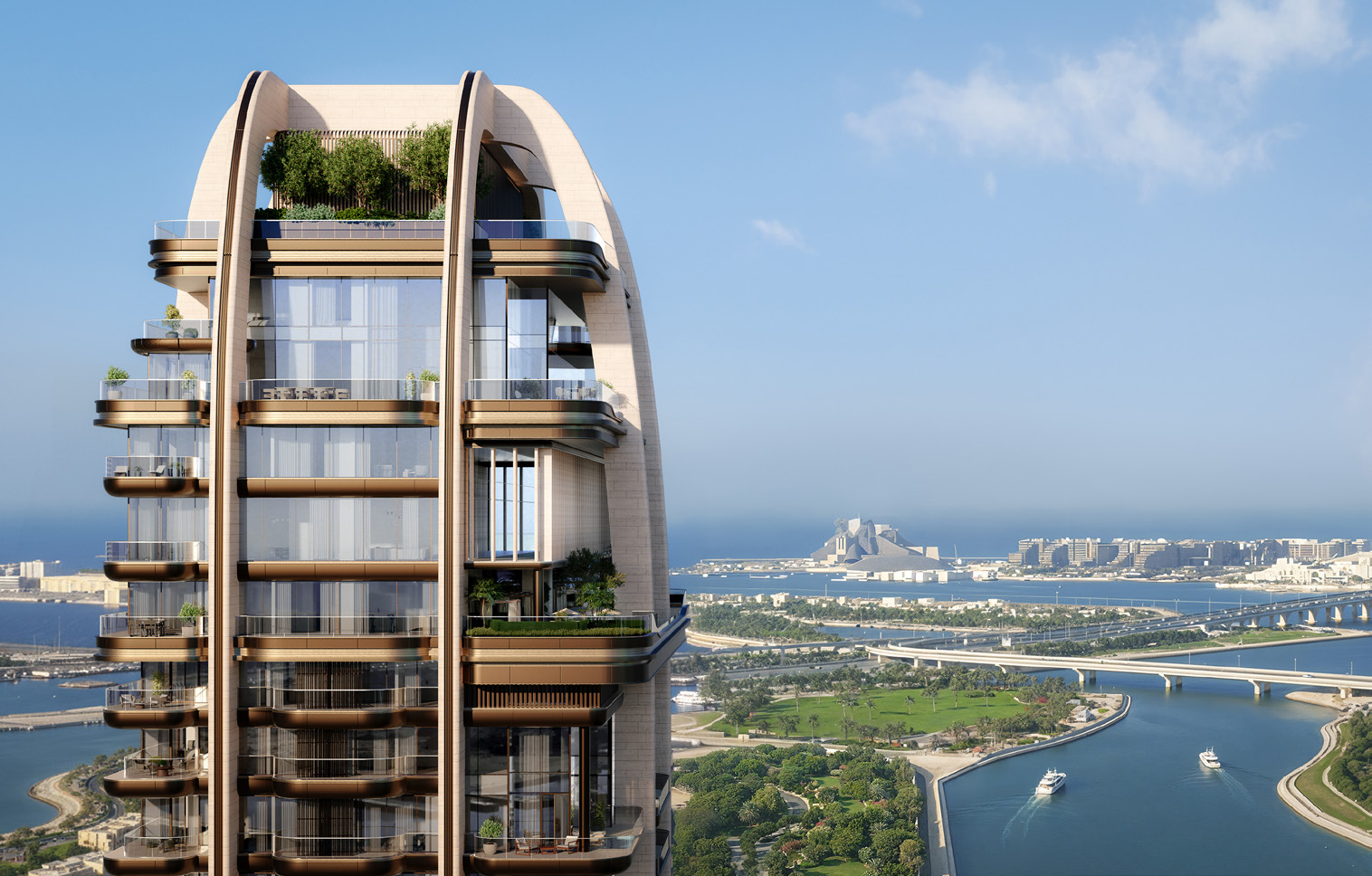 Crown of the tower with planted terraces above the island's waterfront